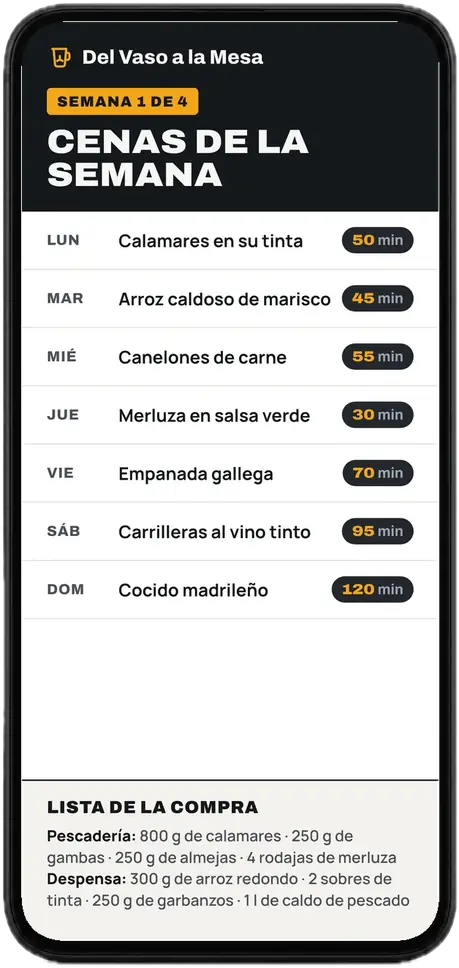 Menú de la semana 1 en un móvil: siete cenas con su tiempo y la lista de la compra
