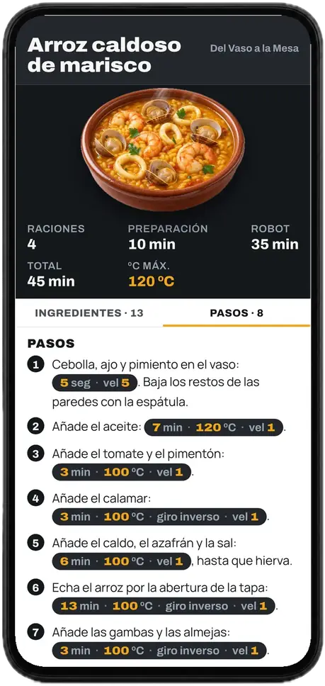 Receta de arroz caldoso de marisco abierta en un móvil: foto, raciones, tiempos y los pasos con su tiempo, temperatura y velocidad