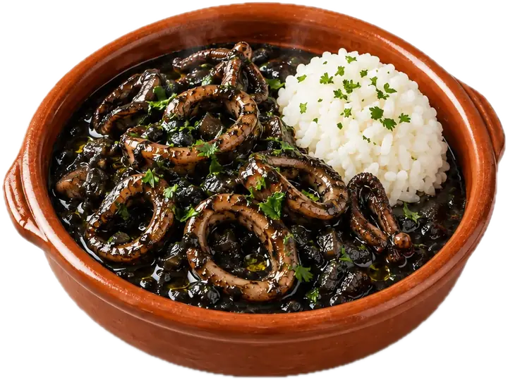Calamares en su tinta con arroz blanco