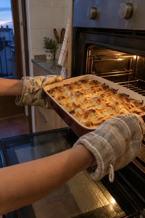 Manos con manoplas sacando del horno una fuente de canelones gratinados